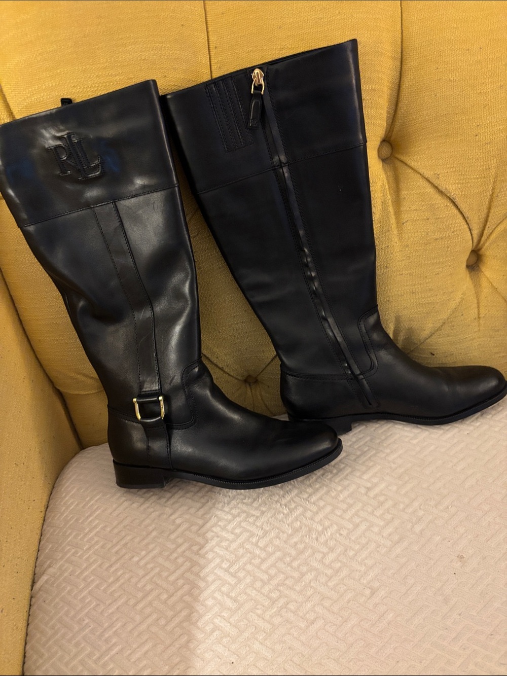Ralph Lauren Black Leather Knee-High Riding Boots with Buckle